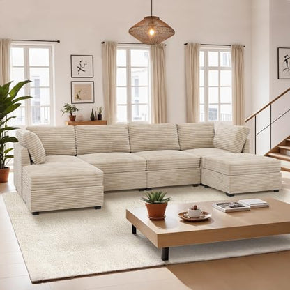 Large 6 Seat Modular Sectional Couch with Ottoman Seat Corduroy Sleeper Sectional Sofa Bed Oversized Convertible Modular Couch for Living Room