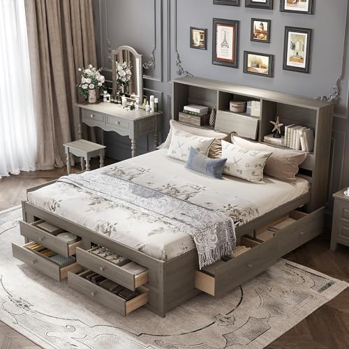 King Size Bed Frame with Storage Headboard and 8 Drawers, view 5