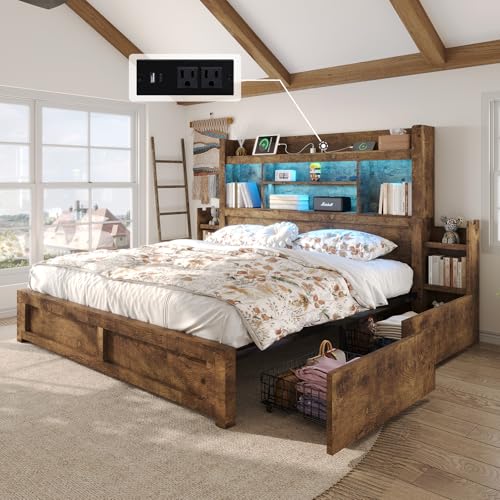 King Bed Frame with Storage, Bookcase Headboard, Rustic Brown, view 4