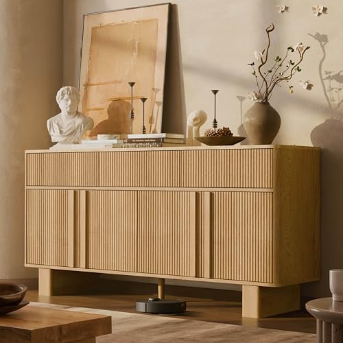 63" Wide Sideboard Buffet Cabinet with Storage, Modern Buffet with 3 Drawers and 4 Doors, Storage Cabinet with 2 Reinforced Legs for Kitchen, Living Room, Light Oak