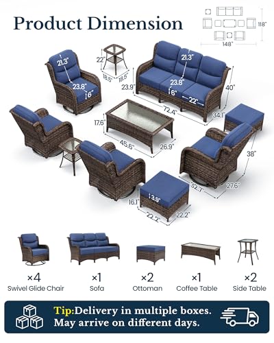 Luxury Outdoor Patio Furniture Set with 6-Inch Thick Cushions, High Back Wicker Swivel Rocker Chairs, 10 Pcs All Weather Furniture Set for Large Deck, Yard and Poolside, Blue (V3)