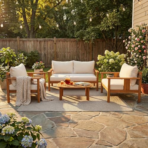 Willy Acacia Wood Patio Furniture Set with Water-Repellent Cushion, 4 Piece Outdoor Acacia Wood Conversation Set, Outdoor Sectional Sofa Set with Coffee Table, Beige+Teak
