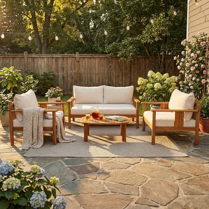 Willy Acacia Wood Patio Furniture Set with Water-Repellent Cushion, 4 Piece Outdoor Acacia Wood Conversation Set, Outdoor Sectional Sofa Set with Coffee Table, Beige+Teak