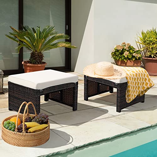 2 Piece Outdoor Wicker Ottomans, Patio Rattan Footstool with Cushions, Solid Steel Frame, Multifunctional Ottomans for Poolside Backyard Balcony
