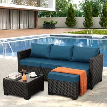 Oasishine 3 Pieces Patio Furniture Set Outdoor Sectional Wicker Patio Furniture Patio Couch with Ottoman and Outdoor Glass Table Weathering Anti-Slip Cushions Waterproof Covers, Peacock Blue