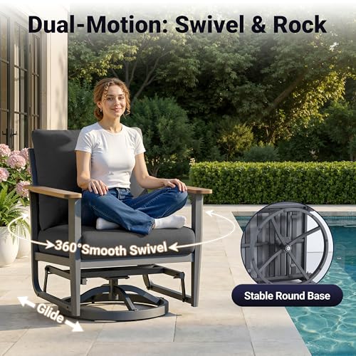Aluminum Outdoor Patio Furniture Set with 5.1-Inch Cushions | 8-Piece: 3-Seat Sofa, 4 Swivel Rocking Chairs, 2 Side Tables & 55,000 BTU Fire Pit Table, Black