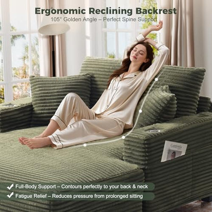60" Oversized Chaise Lounge Chair with Wood Frame, USB Charging Port, Green, view 7