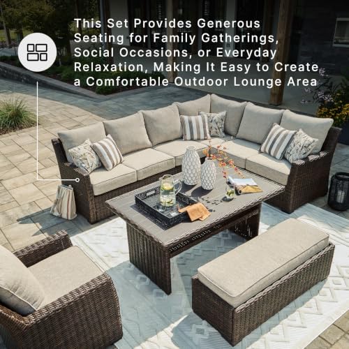 Signature Design by Ashley Brook Ranch Outdoor Sectional, All‑Weather Resin Wicker Patio Furniture With High‑Performance Cushions, Durable Aluminum Frame, Neutral