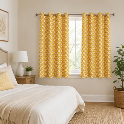 Thermal Insulated Window Room Grommet Curtain Drapes for Bedroom and Living Room, Set of 2 Panels, W52 x L63 inch,Yellow Geo Patten in White