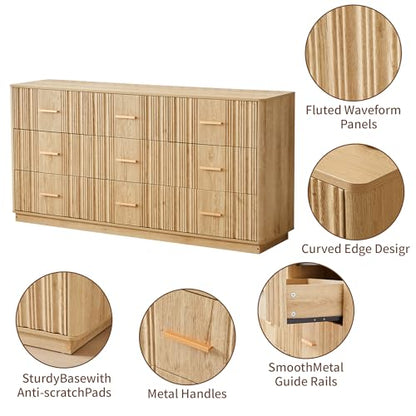Fluted 9 Drawer Dresser,59"Wide Modern Chest of Drawers with Sturdy Base,Wood Closet Organizers,TV Stand,Storage Dresser with 9 Deep Drawers for Bedroom Living Room Hallway Entryway Nursery(Natural)