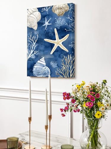 NuYeBiofx Ocean Starfish Seashell Waves Coral Canvas Wall Art Prints,48"x32" Framed Picture Artwork Navy Blue Printed Canvas Oil Painting for Living Room Bedroom Office,Ready to Hang