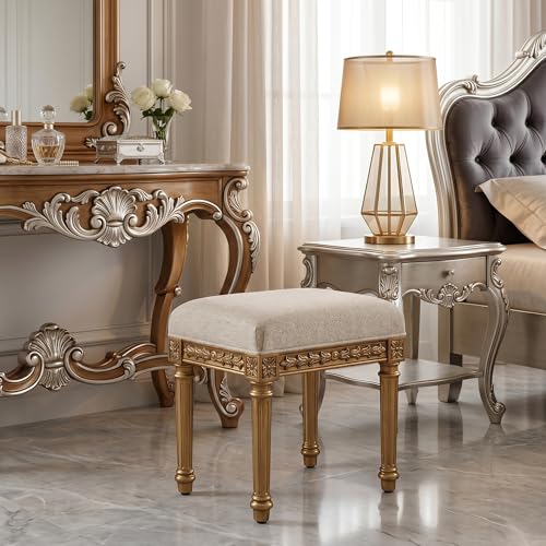 Vanity Stool, French Vintage Square Stool with Cushion, Round Tufted Upholstered for Living Room Dining Room Entryway, Makeup Foot Ottomans