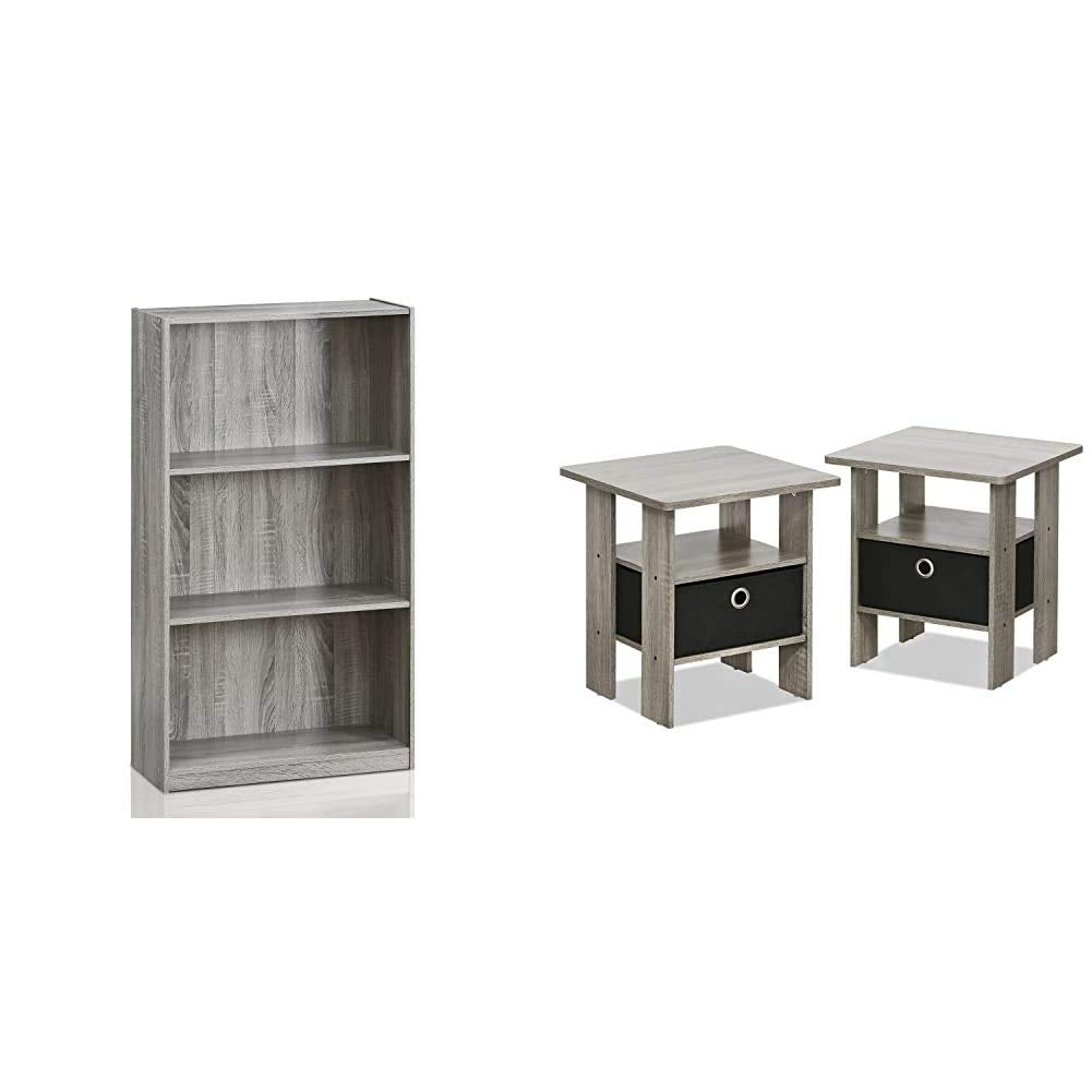 Furinno Basic 3-Tier Bookcase Storage Shelves and End Table Set, French Oak Grey