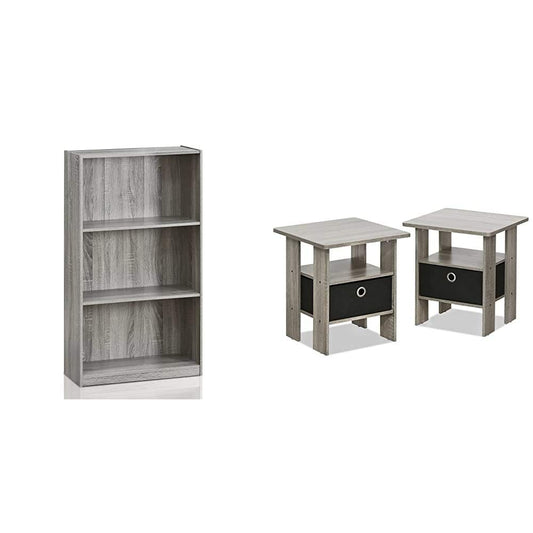 Furinno Basic 3-Tier Bookcase Storage Shelves and End Table Set, French Oak Grey