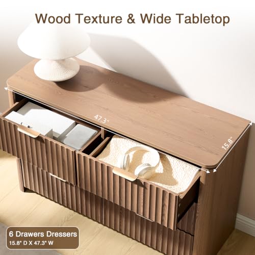 Fluted 6 Drawers Dresser for Bedroom-47.3" Wide Wooden Chest of Drawers, view 7