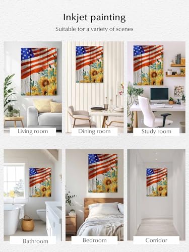 NuYeBiofx Independence Day Sunflower USA Flag Canvas Wall Art Prints,30"x20" Framed Picture Artwork Vintage Wood Grain Printed Canvas Oil Painting for Living Room Bedroom Office,Ready to Hang