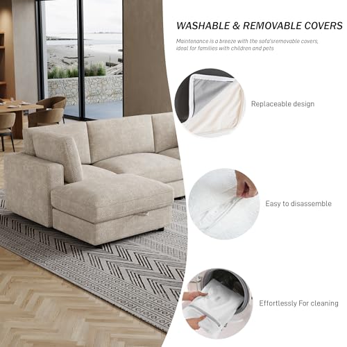 114" Oversized Modular Sectional Sofa, L Shaped Sectional Couches for Living Room, 4 Seat Modular Sofa with Storage Ottoman & Removable Cover, Beige White