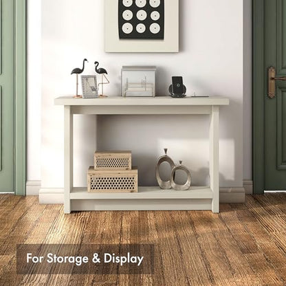 Elvis 32 inch Modern Wooden Console Table with Charging Station, USB Ports and Shelf, Behind Couch Furniture for Living Room, Entryway, Foyer, Hallway, Office, Soft White