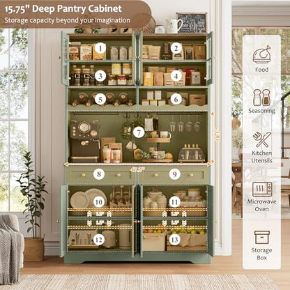 75"H Kitchen Pantry Storage Cabinet, Kitchen Hutch Cabinet, Green, view 7