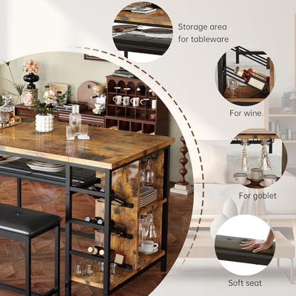 Space Saving Dining Table Set for 2-4 People, 53" Kitchen Table with 2 Upholstered Bench, Dinner Table with Wine Rack Glass Holder and Storage Shelf, 3-Piece Dinette Table for Small Apartment