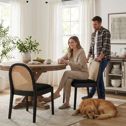 Modern Sherpa Dining Chairs Set of 6, Natural Woven Rattan Cane Back Side Chairs with Solid Wood Legs Mid Century Dinner Chairs for Kitchen Living Room, Black