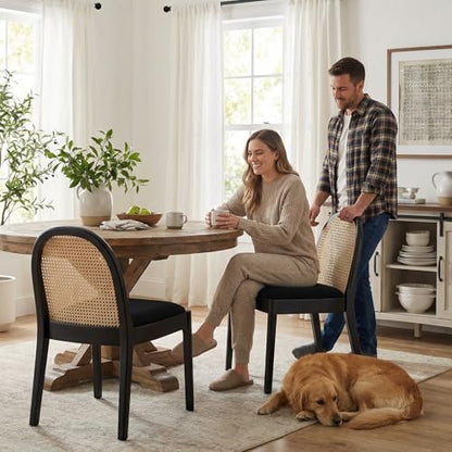 Modern Sherpa Dining Chairs Set of 6, Natural Woven Rattan Cane Back Side Chairs with Solid Wood Legs Mid Century Dinner Chairs for Kitchen Living Room, Black