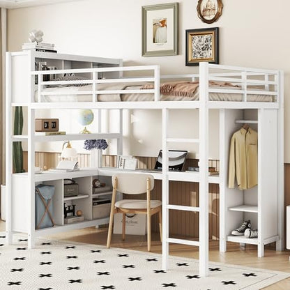 JIVOIT Full Size Loft Bed with L-Shaped Desk, Storage Cubes and Shelves, Heavy Duty Metal Loft Bed with Wardrobe for Kids Teens Adults, No Box Spring Needed (White/ Full,76)