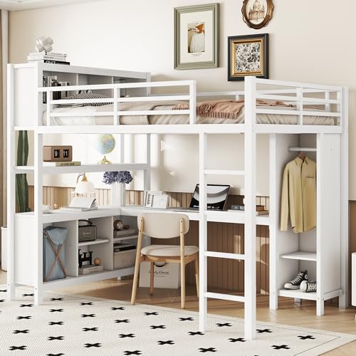 JIVOIT Full Size Loft Bed with L-Shaped Desk, Storage Cubes and Shelves, Heavy Duty Metal Loft Bed with Wardrobe for Kids Teens Adults, No Box Spring Needed (White/ Full,76)