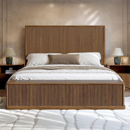 Fluted Walnut King Bed Frame with 51'' Headboard & Storage Bench, view 4