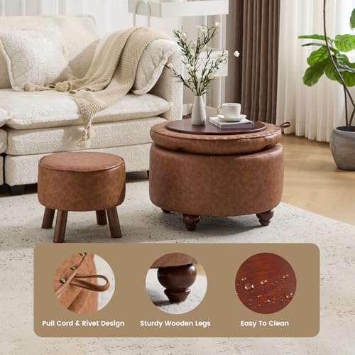 24Inch Round Storage Ottoman, Set of 2, Modern PU Leather Coffee Table with Removable Top, Upholstered Ottoman with Storage Footrest Stool for Living Room, Bedroom (Brown)
