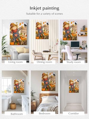 NuYeBiofx Farm Pumpkin Happy Thanksgiving Canvas Wall Art Prints,48"x32" Framed Picture Artwork Cartoon Straw Man Printed Canvas Oil Painting for Living Room Bedroom Office,Ready to Hang