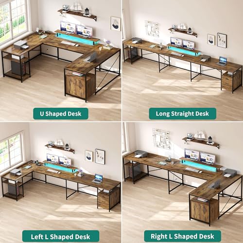 U Shaped Desk with Power Outlets & LED Lights, 79" Reversible L Shaped Desk with Drawers, Corner Computer Desk Office Desk with Monitor Stand & Storage Shelves, Rustic Brown