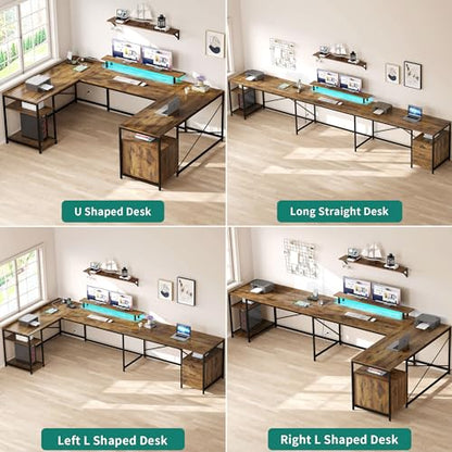 U Shaped Desk with Power Outlets & LED Lights, 79" Reversible L Shaped Desk with Drawers, Corner Computer Desk Office Desk with Monitor Stand & Storage Shelves, Rustic Brown