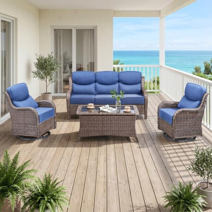Luxury High Back Outdoor Furniture with 6-Inch Thick Cushions, Patio Furniture Set with Swivel Chairs, 4 PCS Wicker Conversation Set for Porch, Balcony, Deck and Yard
