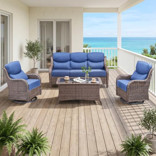 Luxury High Back Outdoor Furniture with 6-Inch Thick Cushions, Patio Furniture Set with Swivel Chairs, 4 PCS Wicker Conversation Set for Porch, Balcony, Deck and Yard