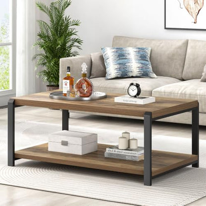 Modern Coffee Table, Rustic Wood and Metal Center Table for Living Room, Industrial Rectangle Cocktail Tea Table with Storage, Oak