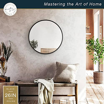Master & Co. 26in Round Metal Black Mirror, Modern Wall Hanging Large Mirror for Bathroom, Bedroom & Livingroom
