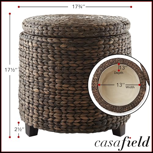 17" Round Storage Ottoman with Lid - Espresso Dark Brown, Handwoven Water Hyacinth Footstool for Living Room, Bedroom, Bathroom, Home Office