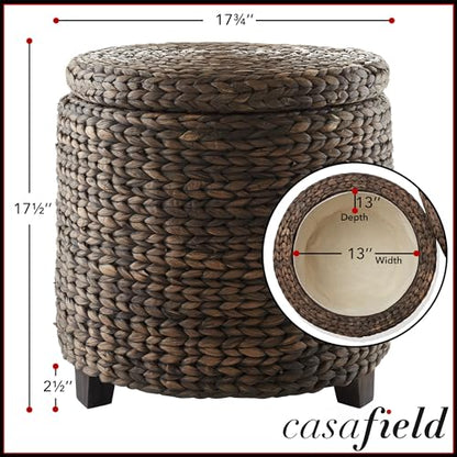 17" Round Storage Ottoman with Lid - Espresso Dark Brown, Handwoven Water Hyacinth Footstool for Living Room, Bedroom, Bathroom, Home Office