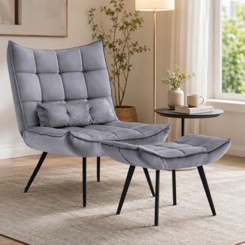 Accent Chair with Ottoman, Set of 2 Modern Velvet Wingback Reading Chair with Lumbar Pillow, Upholstered Lounge Armchair with Footrest for Living Room Bedroom Small Space, 4079 (2, Dark Grey)