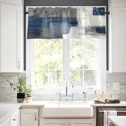 4 Pack Valances Window Treatments, Blue and Grey Abstract Modern Art Blackout Drapes Adjustable Curtain for Windows Living Room Kitchen Over Sink, 52x18 Inch Rod Pocket Valances