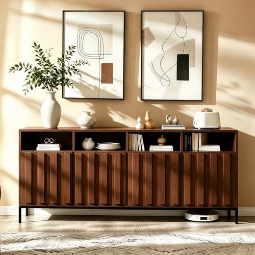 70" Walnut Fluted TV Stand for up to 80" TVs with Power Outlets, view 7