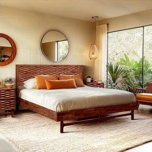 Acacia Wood Queen Bed Frame with Walnut Headboard, view 4