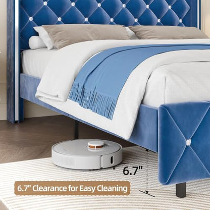 Queen Bed Frame with Velvet Headboard, Silverside Wingback, Blue, view 7