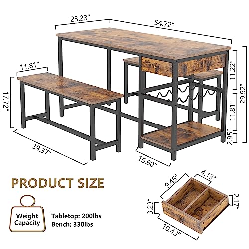 Dining Table Set for 4-6 People, 54.7" Kitchen Dinner Table with 2 Bench, Dining Room Tables Set with Storage Drawer & Shelf, 3-Piece Breakfast Nook Tables with Wine Rack &Glass Holder (Rustic)