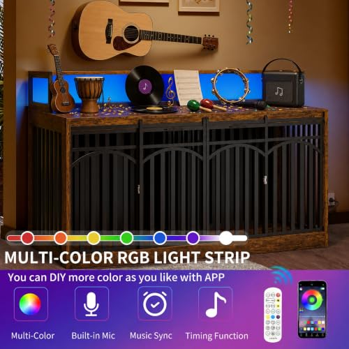 71" Double Dog Crate Furniture with Power Outlets & LED Light, view 8