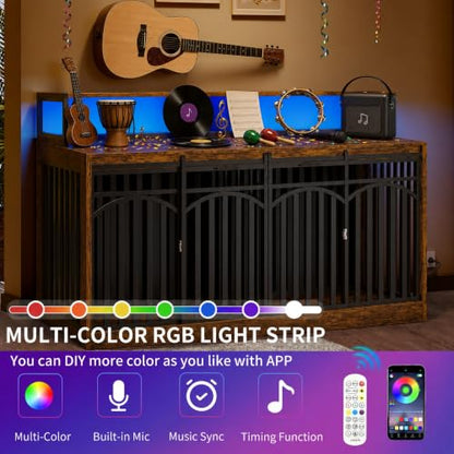 71" Double Dog Crate Furniture with Power Outlets & LED Light, view 8
