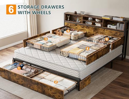 King Bed Frame with 6 Storage Drawers, Charge Station,Noise-Free, view 4
