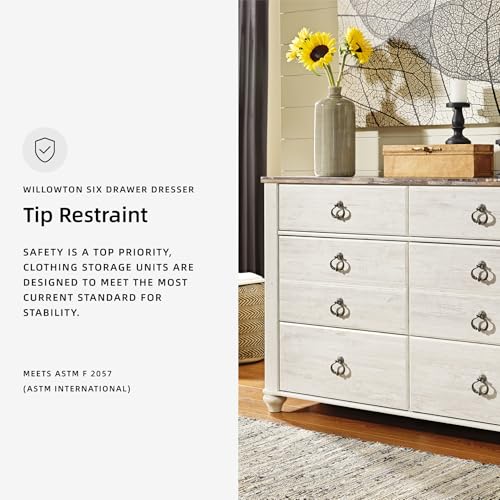 Signature Design by Ashley Willowton Dresser, 6 Drawer Whitewash Bedroom Dresser, Coastal Cottage Style Chest of Drawers, Engineered Wood, Antique Brass Ring-Pulls, 61" W