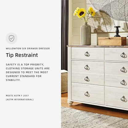 Signature Design by Ashley Willowton Dresser, 6 Drawer Whitewash Bedroom Dresser, Coastal Cottage Style Chest of Drawers, Engineered Wood, Antique Brass Ring-Pulls, 61" W